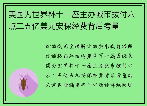 美国为世界杯十一座主办城市拨付六点二五亿美元安保经费背后考量